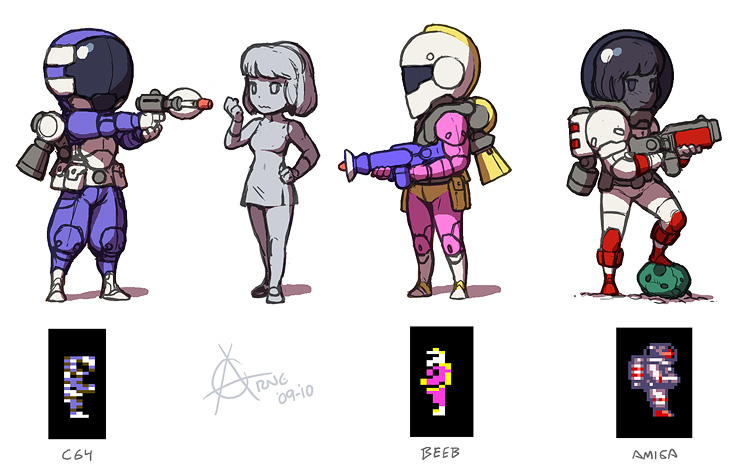 Space suits from Exile, C64, BBC Micro, Amiga versions