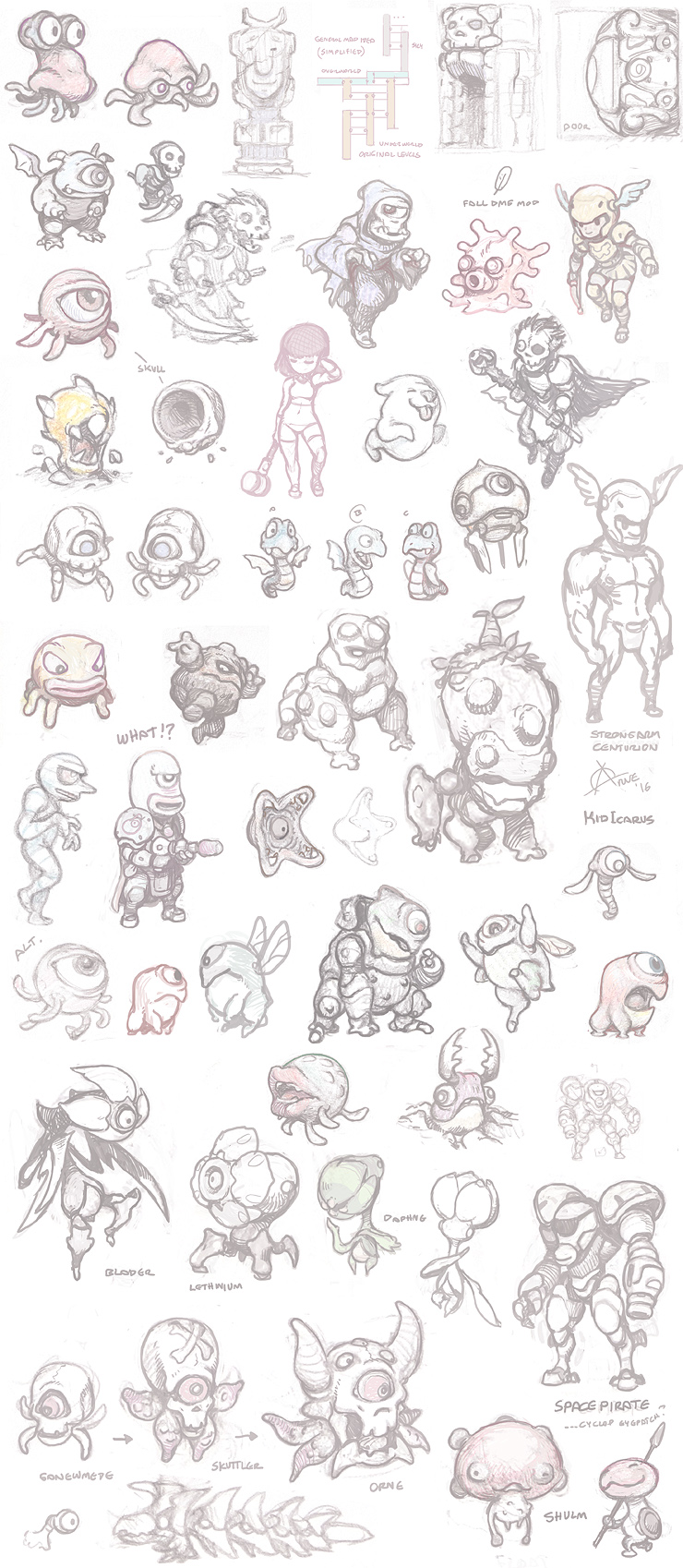 Kid Icarus pencil character designs
