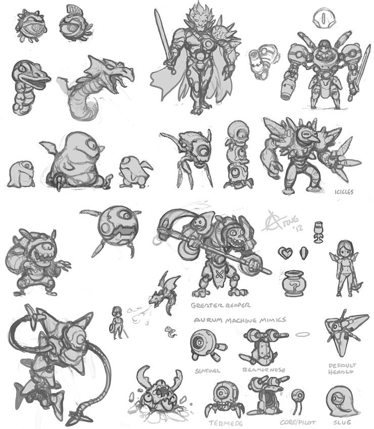 Kid Icarus pencil character designs