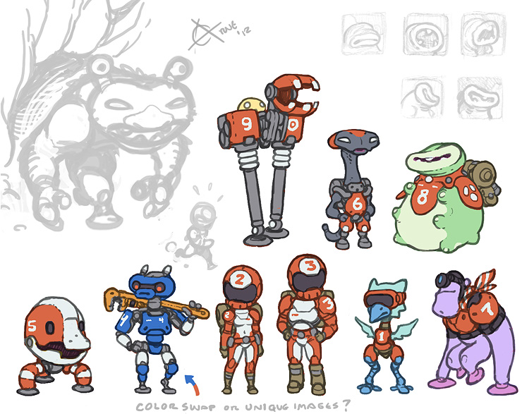 M.U.L.E. redesign concept art Leggite Spheroid Packer Bonzoid Mechtron Gollumer Flapper Wampus Wumpus