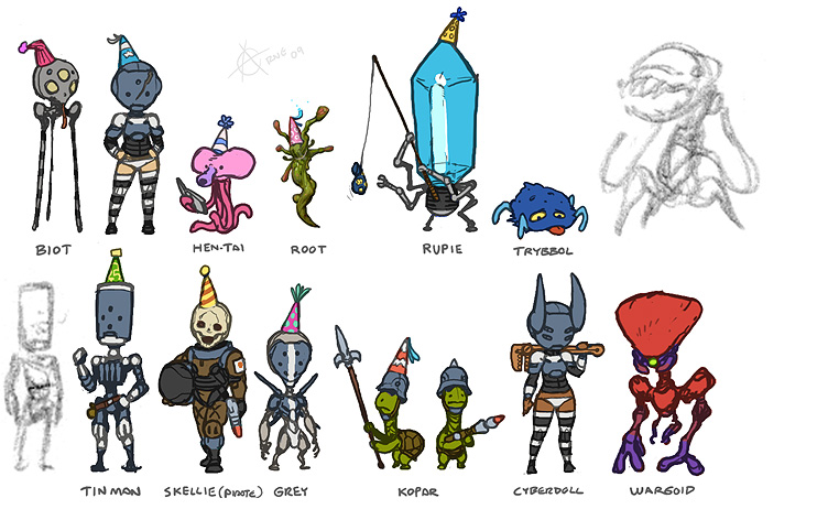 Biot, CyberDoll, Hen-Tai, Root, Rupie, Trybbol, TinMan, Skeleton, Grey, Kopar, Wargoid