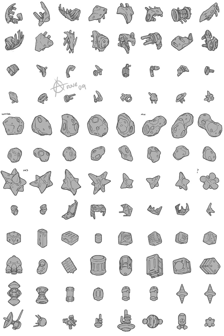 crates, asteroids and space debris